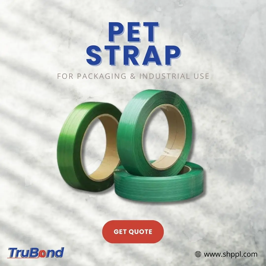 Three green PET strapping coils displayed for industrial packaging use, labeled under TruBond brand